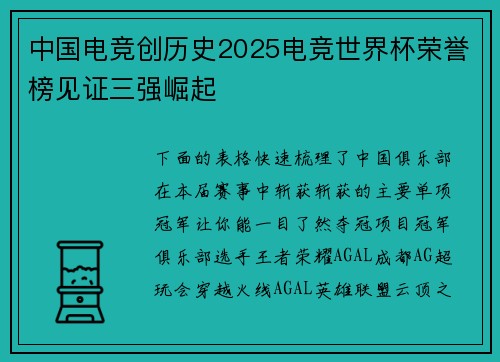 中国电竞创历史2025电竞世界杯荣誉榜见证三强崛起